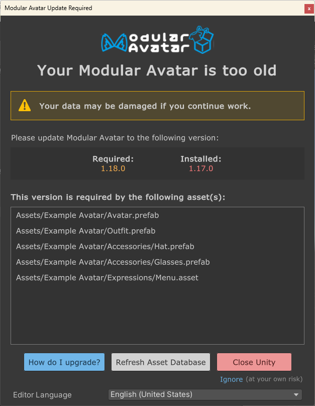 Version mismatch warning