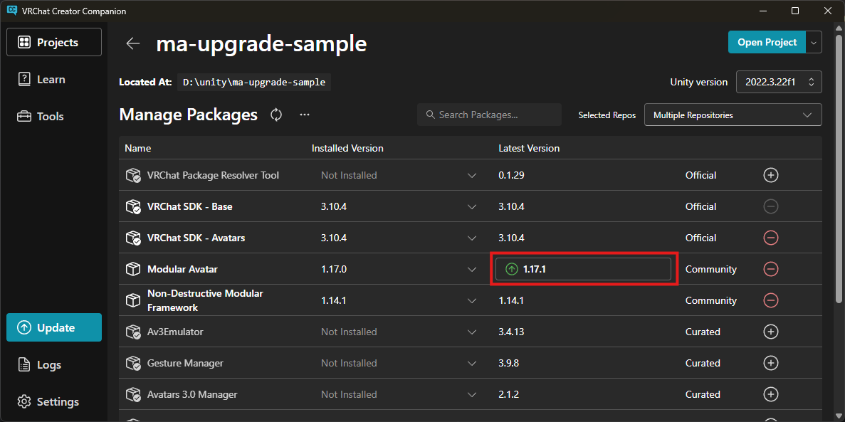VRChat Creator Companion upgrade button